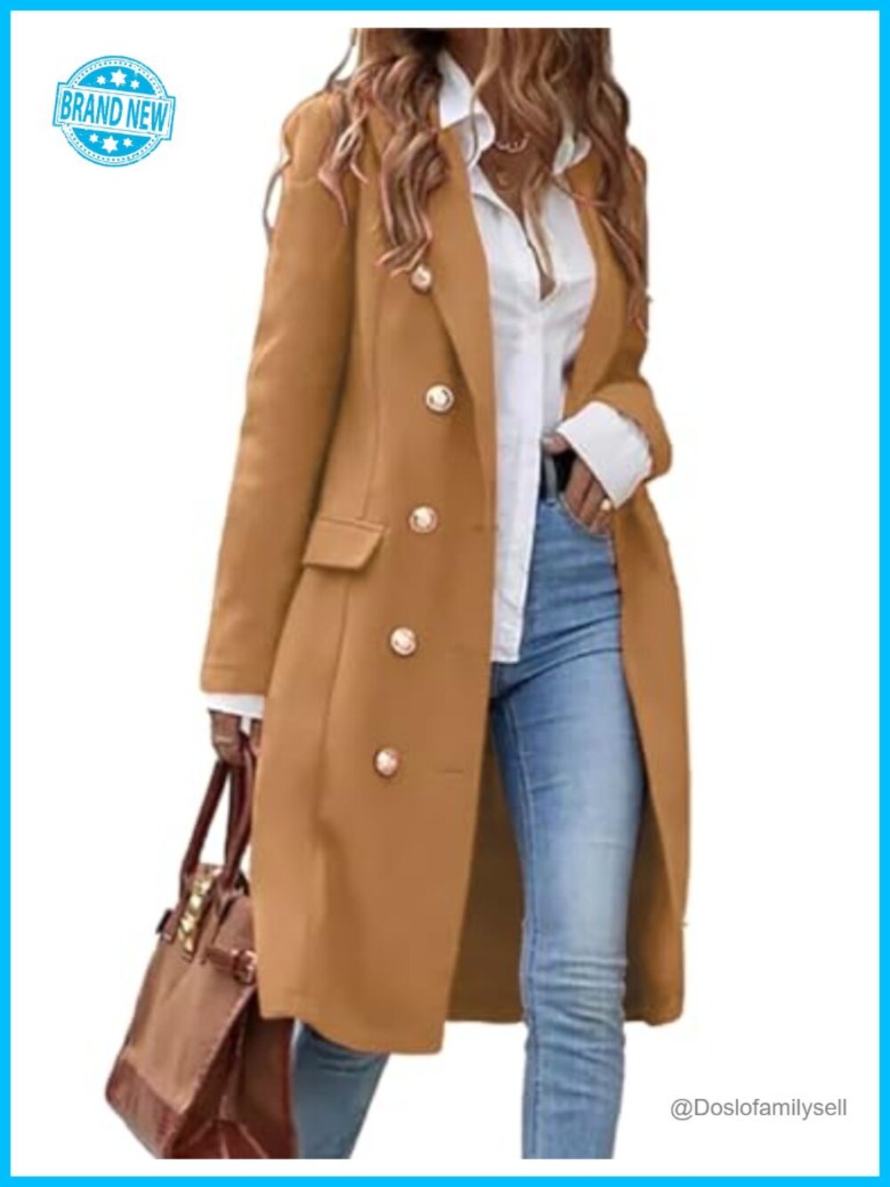 Womens Long Wool Blend Pea Coat Double Breasted Notch Collar Knee Length